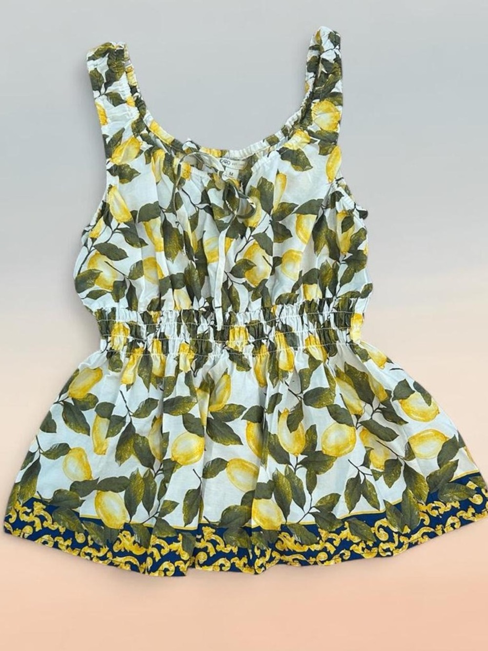 Nautical Preppy Lemon Print Cinched Waist Cotton Peplum Top Size M Summer